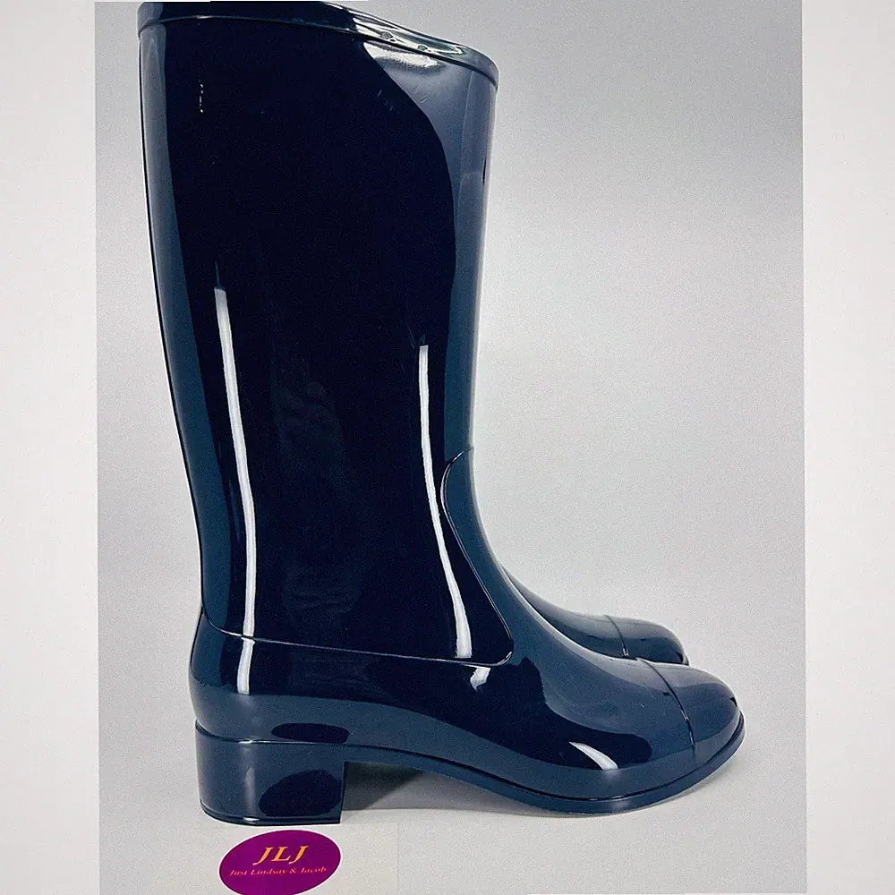 Jeffrey Campbell Women's Showers Tall Navy Blue Glossy Cap Toe Rain Boots Size 6