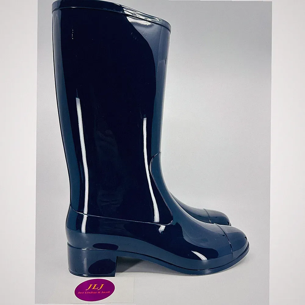 Jeffrey Campbell Women's Showers Tall Navy Blue Glossy Cap Toe Rain Boots Size 8