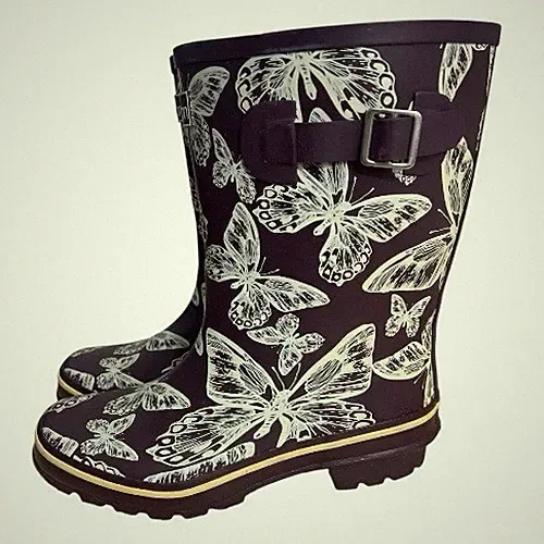 Jileon Mid Calf Rubber Rain Boots Women Size 6 Purple Butterflies Wide Calf