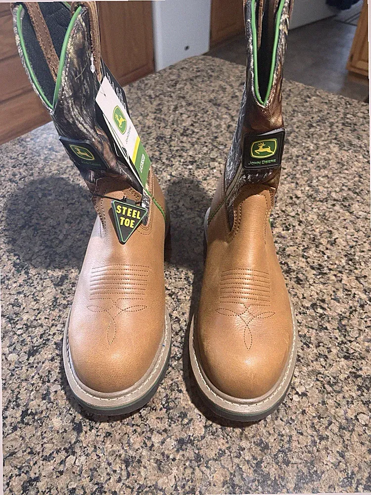 John Deere Men's Steel Toe Western Work Boots Brown Camouflage Leather Size 8W