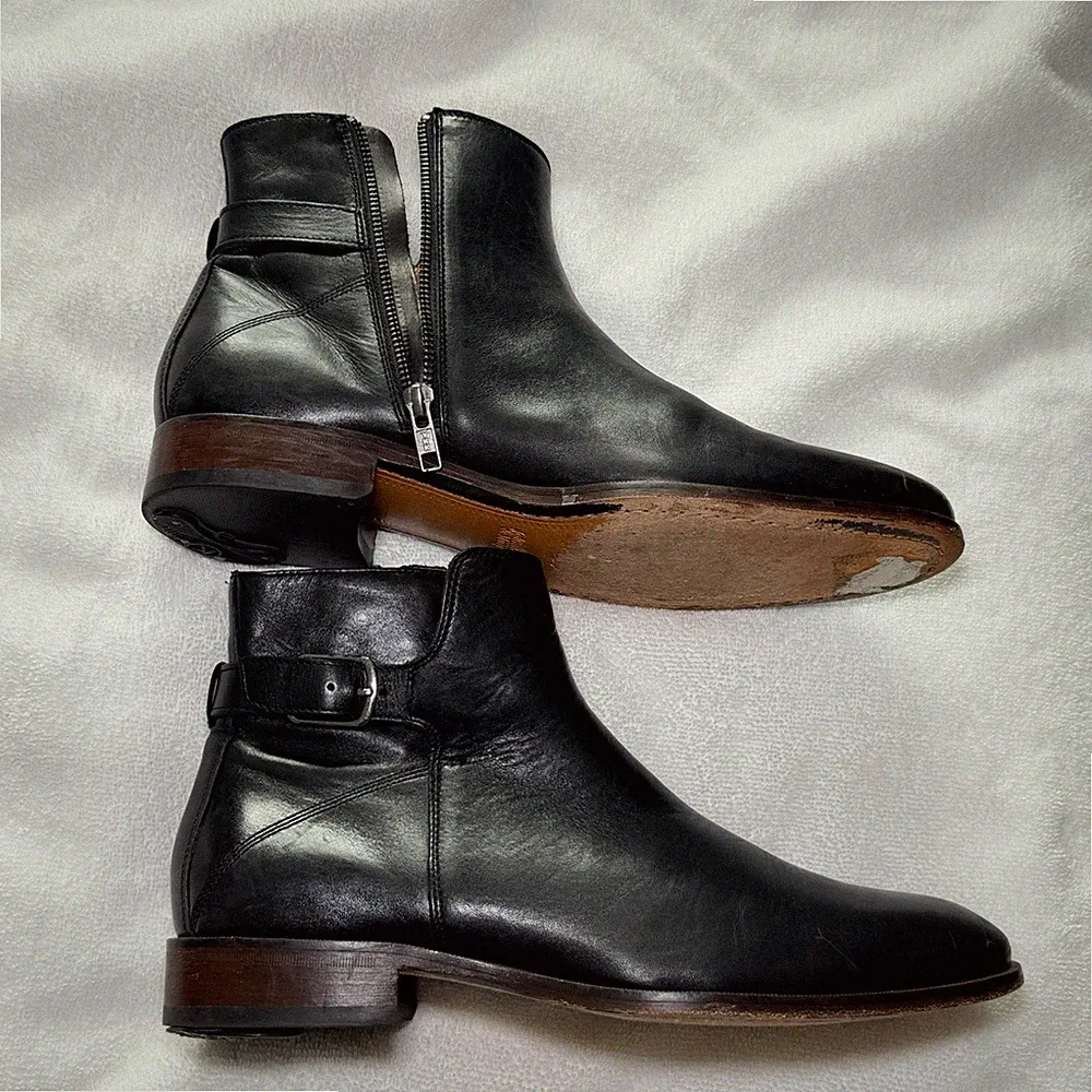 Johnston & Murphy Black Leather Ankle Jodphur Boots Buckle Zip Almond Toe