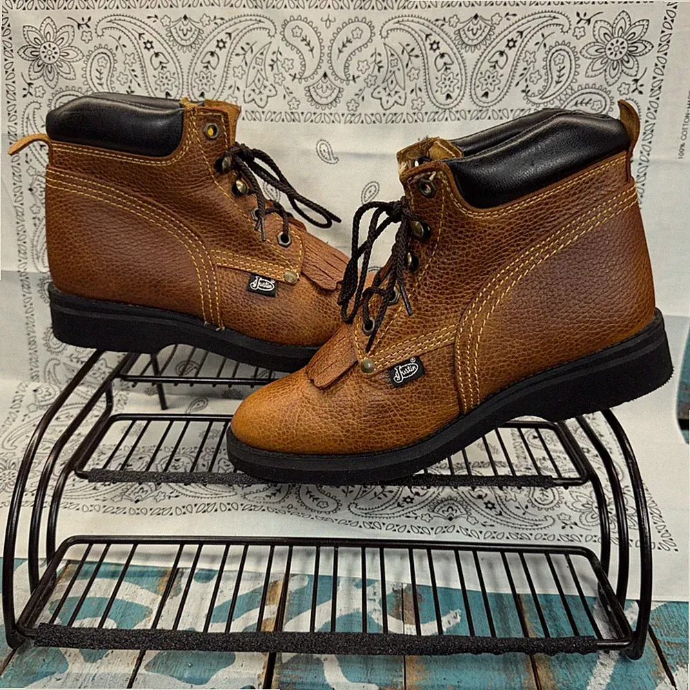 Justin Original Work Boots Brown Leather Kids Size 3D/Womans 4.5 Lace Up EUC