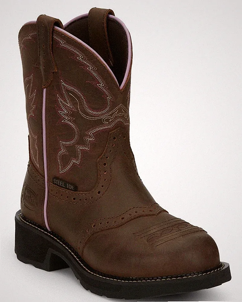 JUSTIN Womens 5.5 (same as big kid 4) Western Round Steel Toe Leather Work Boots