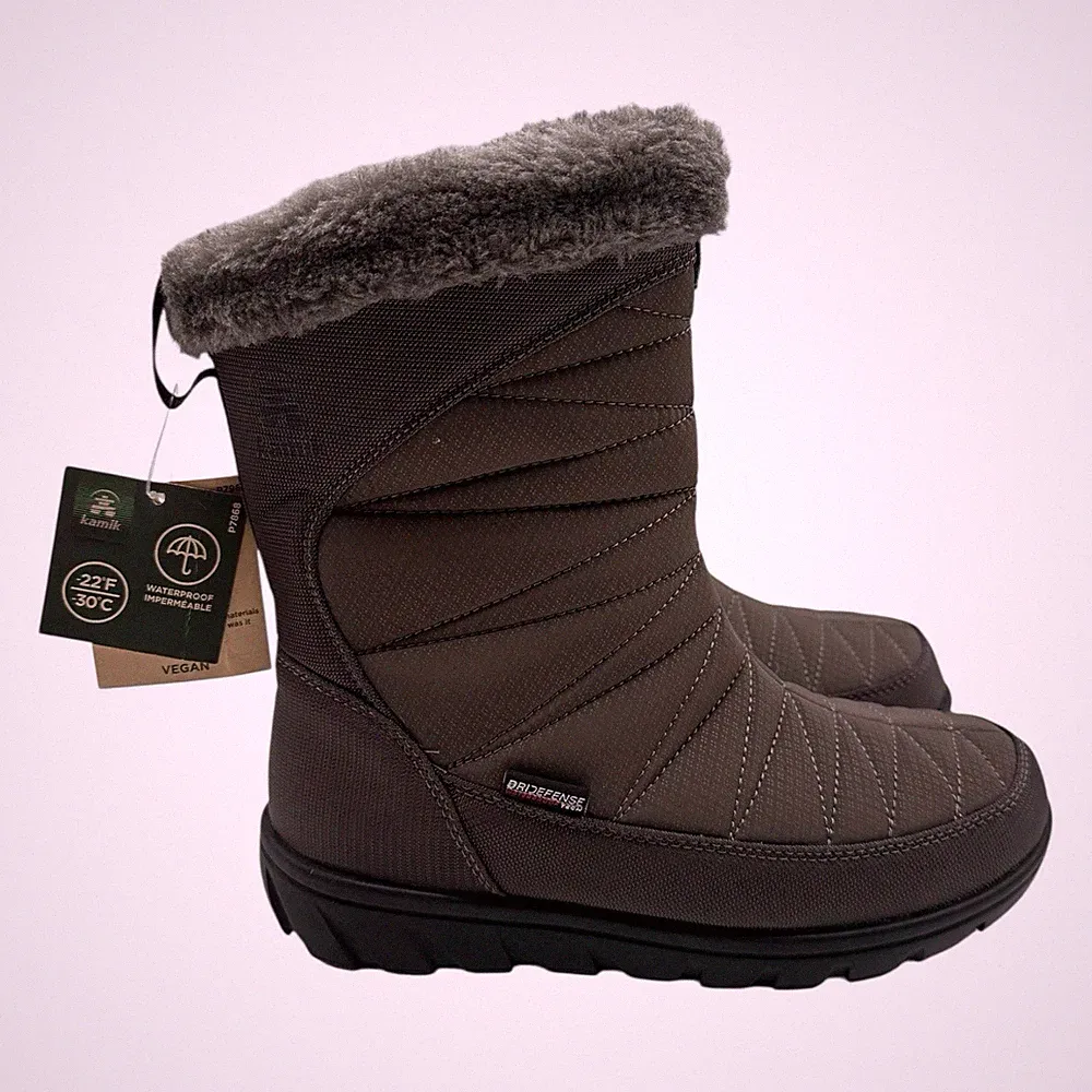 Kamik Hannah Zip Boots Womens Sz 6 Charcoal Grey Winter Lined Waterproof Vegan