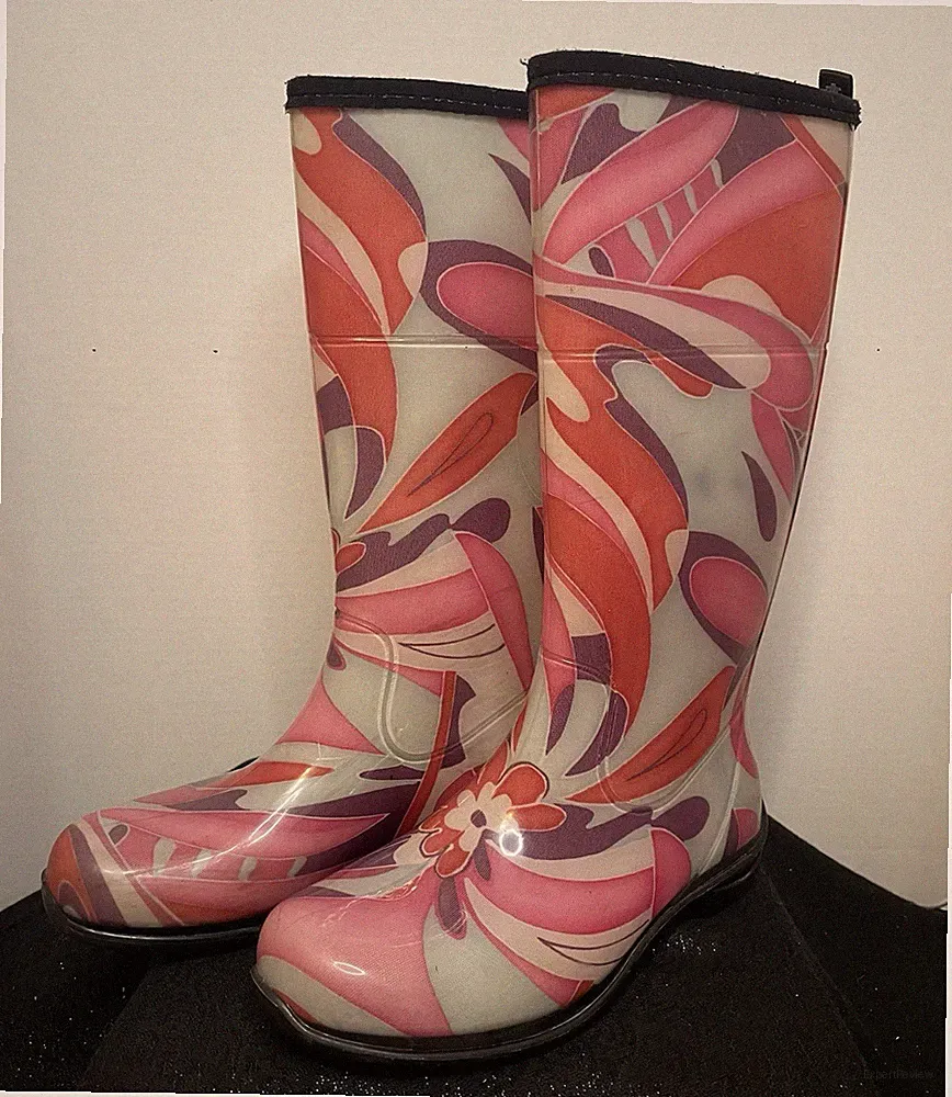 Kamik Rain Boots Women Sz 7 Pink White Purple Retro Floral Waterproof Mud Shoes