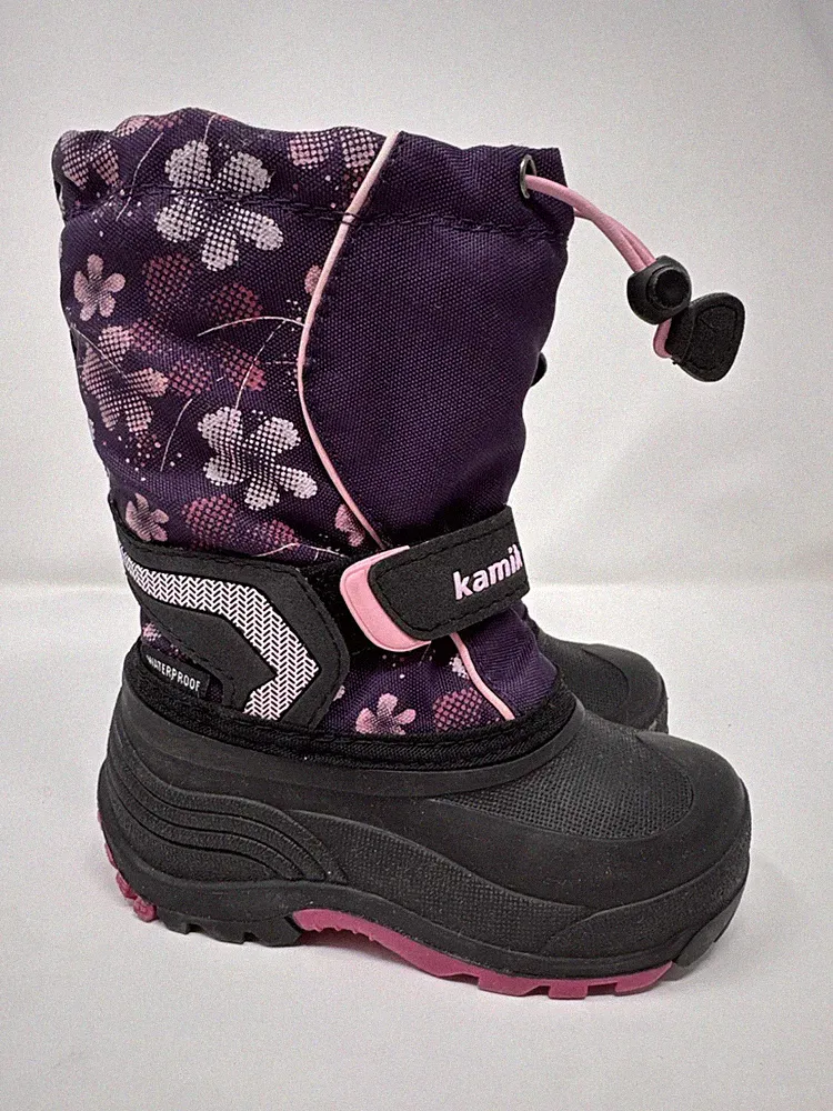 Kamik Snow Boots Winter Boots 10 Purple Pink Floral Print Waterproof Warm Kids