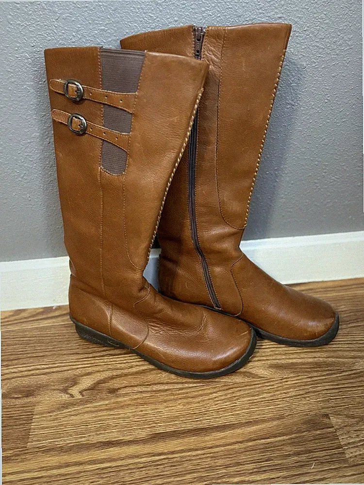 KEEN Brown Leather Knee-High Riding Boots with Buckle Detail - Women's size 10.5