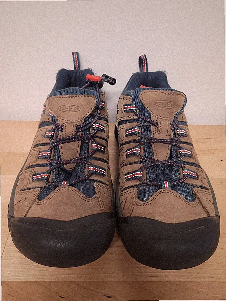 Keen Hiking Shoes Mens Size 6 Brown Blue Leather Mesh Trail Quicklace Toe Cap