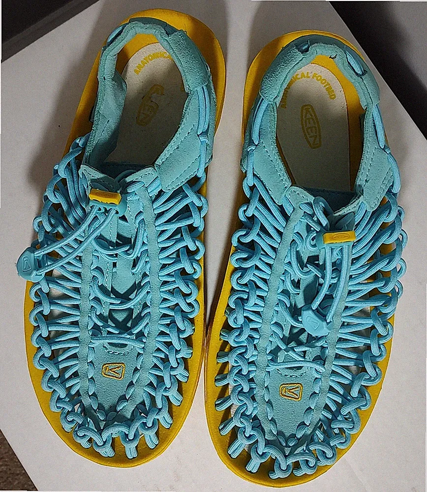 Keen Uneek Womens Hiking Corded Bungee Sandal open to Yellow & Blue Sz 7.5