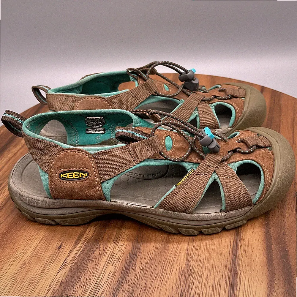 Keen Venice H2 Sandals Mens 8 Brown Teal Waterproof Bungee Vegan Hiking Cap Toe