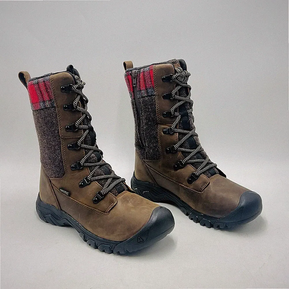 Keen Women's 8 Greta Tall Boots Brown Leather Red Plaid Hiking Outdoor Winter