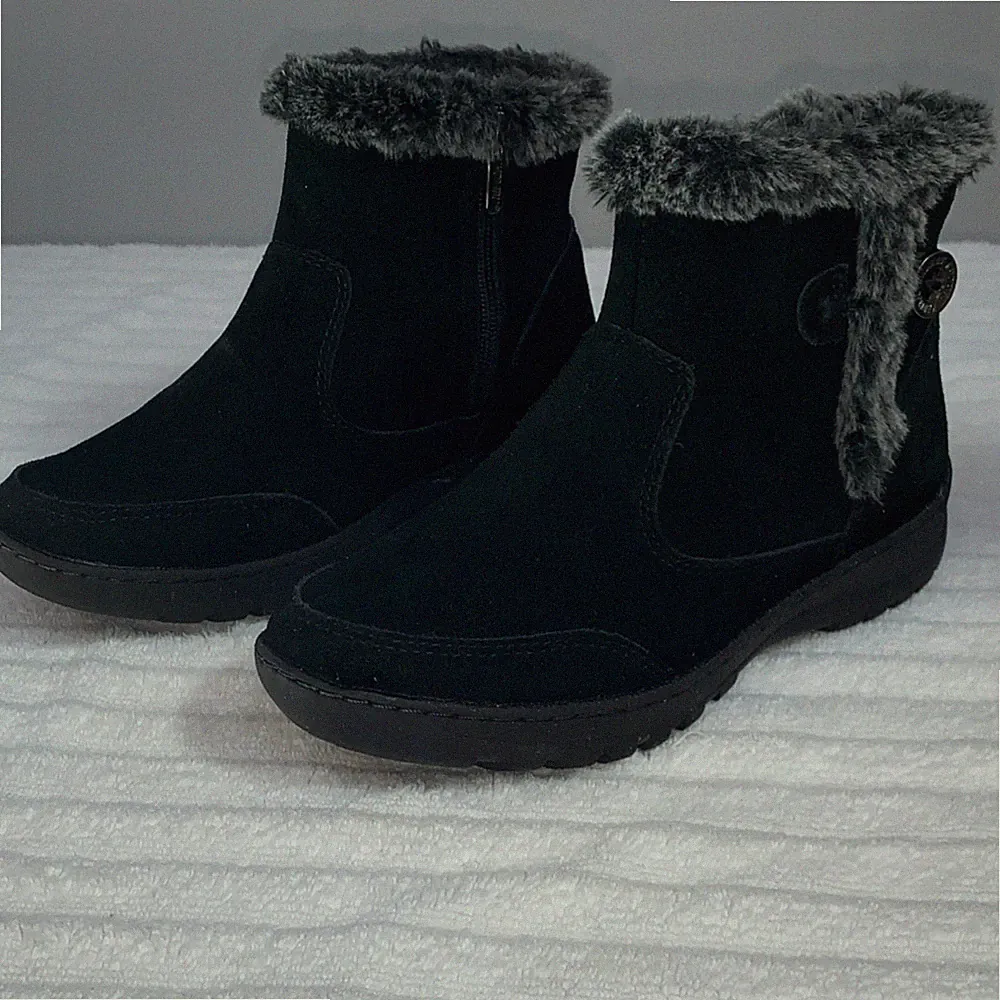 Khombu Black Gray Faux Fur Trim Button Zipper Ankle Snow Boots Women Suede Sz7
