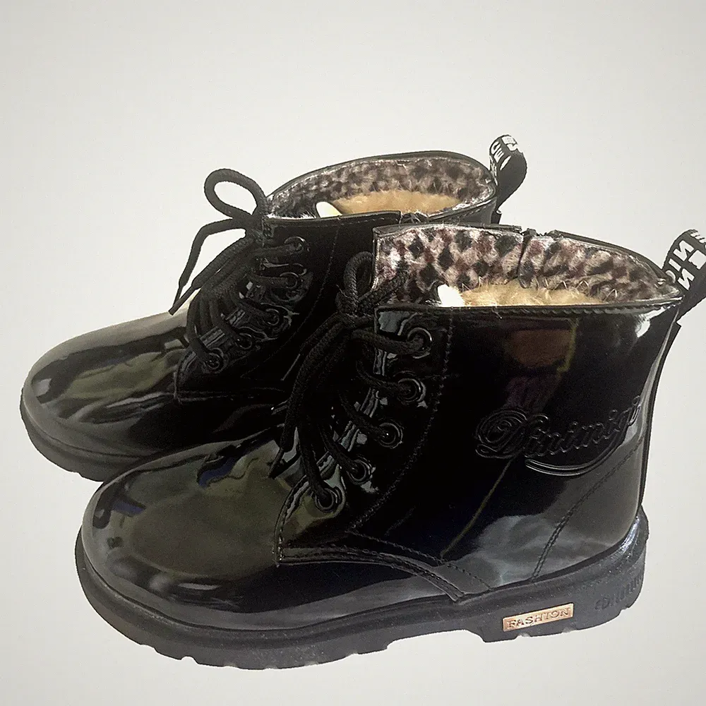 Kids Waterproof Insulated Combat Boots Ankle Zipper PU leather Non-slip Size3.5