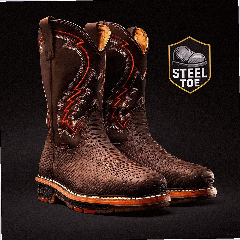 KW Genuine Leather Square Toe Exotic Python Print Western Work Boots Steel Toe