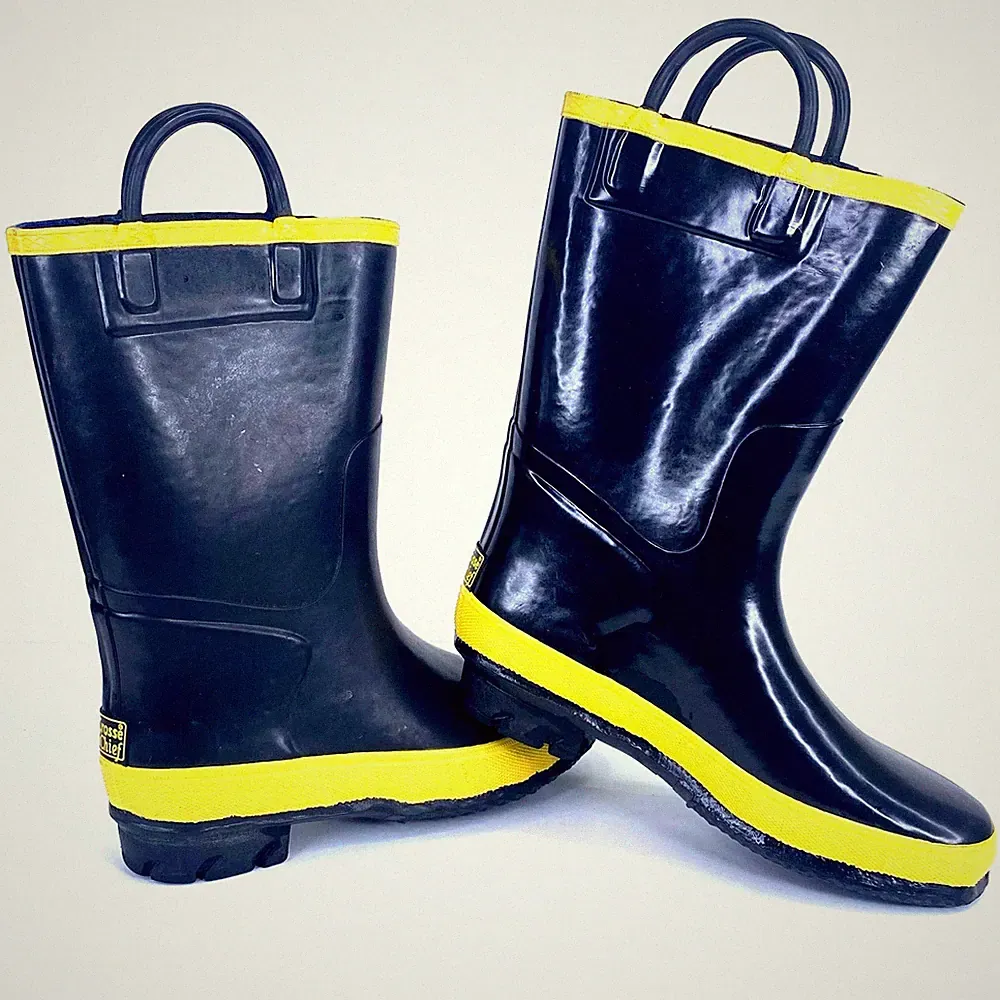 LaCrosse Rain Chief Boots Kids Sz 1 Steel Shank Black Yellow Rubber Waterproof