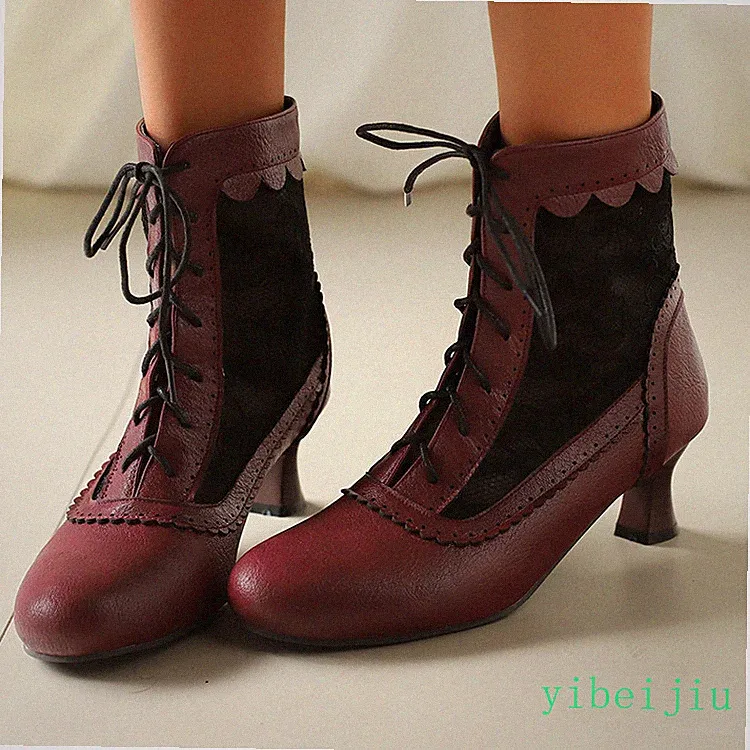 Lady Women's Kitten Heel Lace Up Ankle Boots Wing Tip Brogue Shoes Retro Comfort