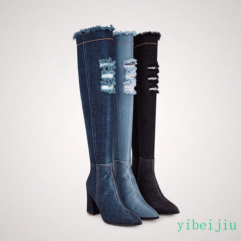 Lady Women's Over The Knee High Heel Denim Jeans Boots Ripped Hole Vintage Shoes
