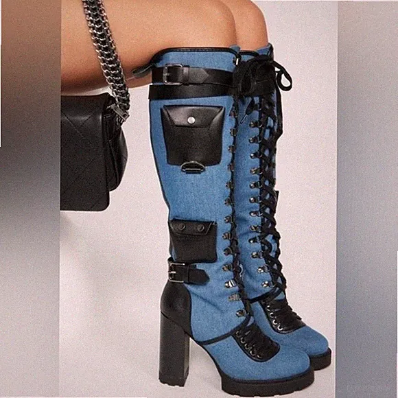 LAMODA "The Dark Side of The Clouds" Size: 11 Denim Lace-Up Pocket Boots *rare*