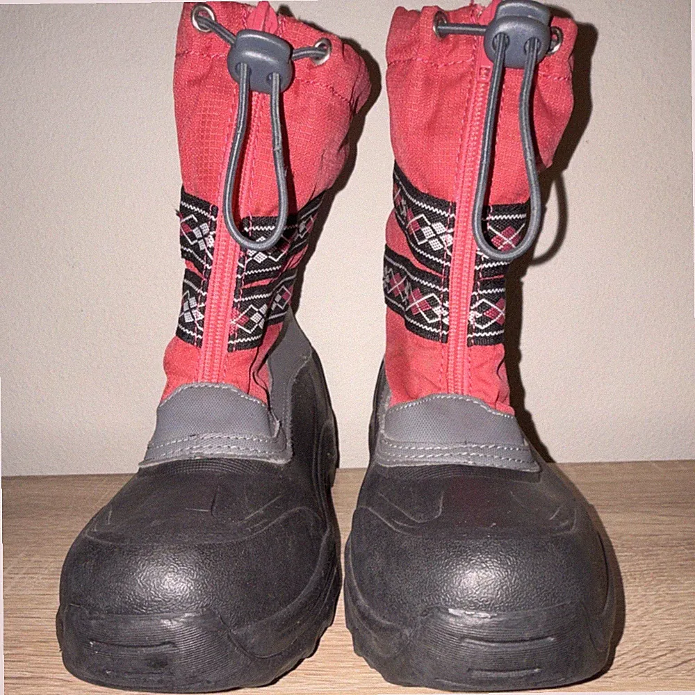 Lands' End Girls Mid-Calf Snow Boots Red Black Argyle Drawstring Lined Size 4