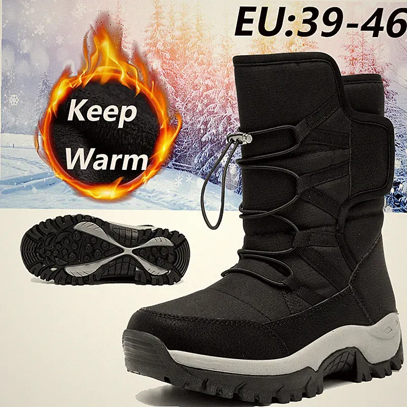 Large Men's Snow Boots for Outdoor Hiking with Plush Warm Cotton Shoes Inside