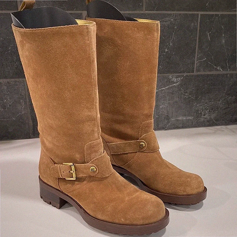 Lauren Ralph Lauren Motorcycle Boots Mid Calf Tan Suede Pull On Lug Soles Size 7