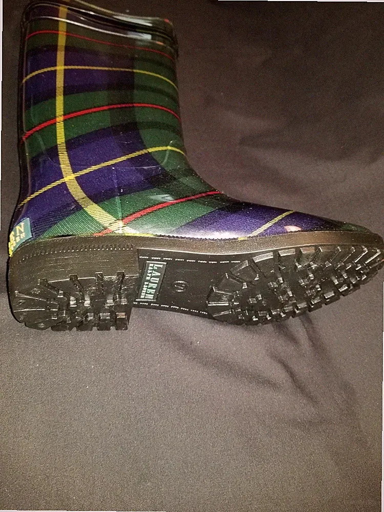Lauren Ralph Lauren Plaid Knee High Rain Boots Green Navy Buckle Water Resistant