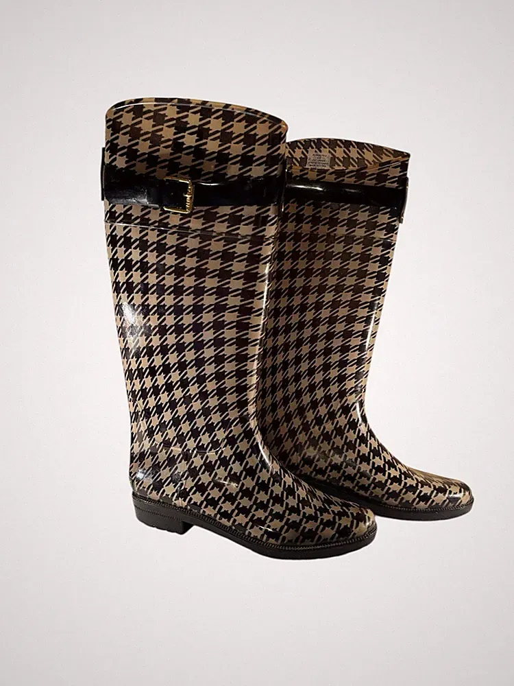 Lauren Ralph Lauren Rossalyn II Rain Boots 6B Black Houndstooth Plaid PVC Upper
