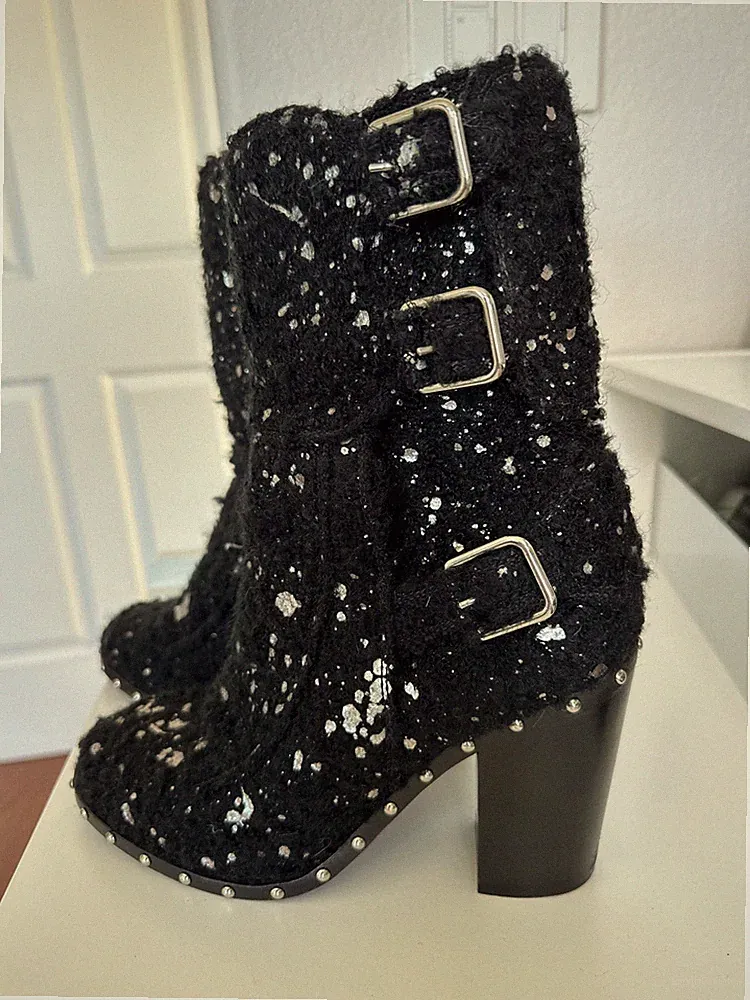 Laurence Dacade Paris Moto Biker Boots Black/Silver Buckles size 37.5 (US 6.5)