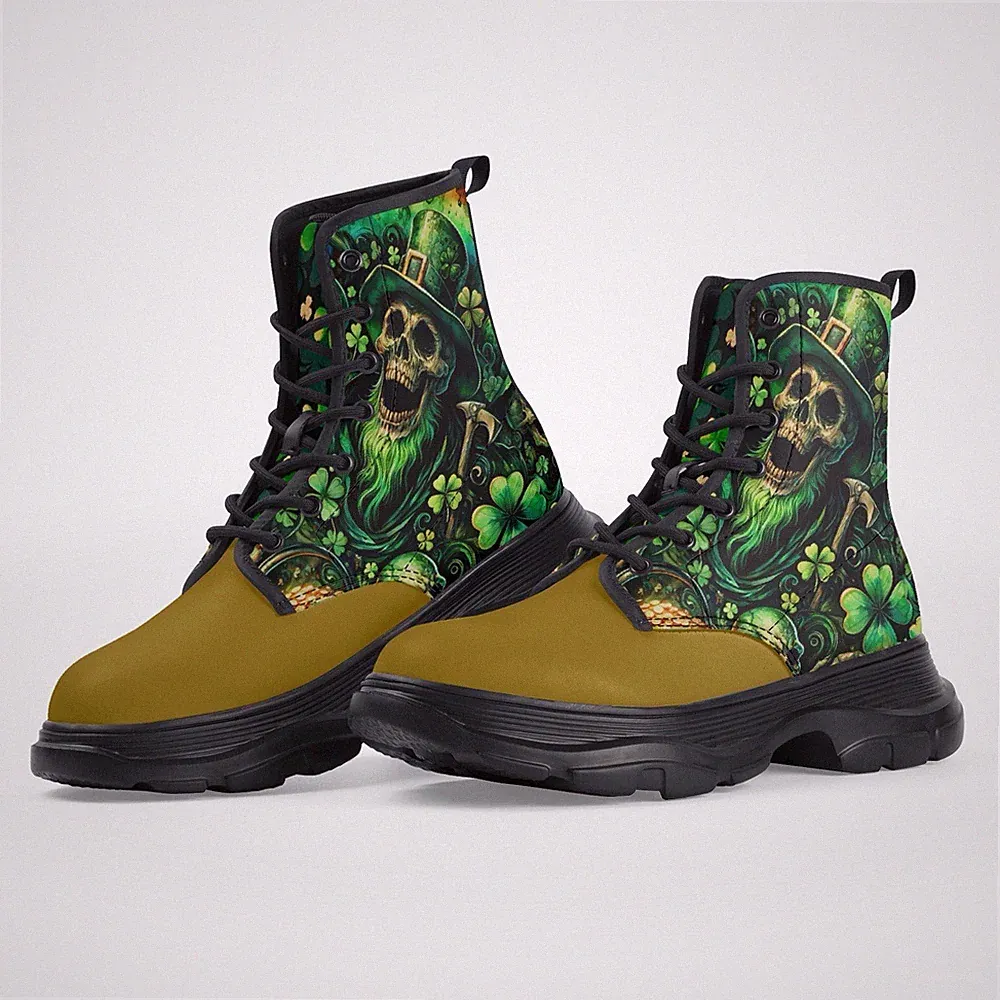 Leather Ankle Boots Gothic Skull Green Clovers Shamrock Shoes Unique Footwear