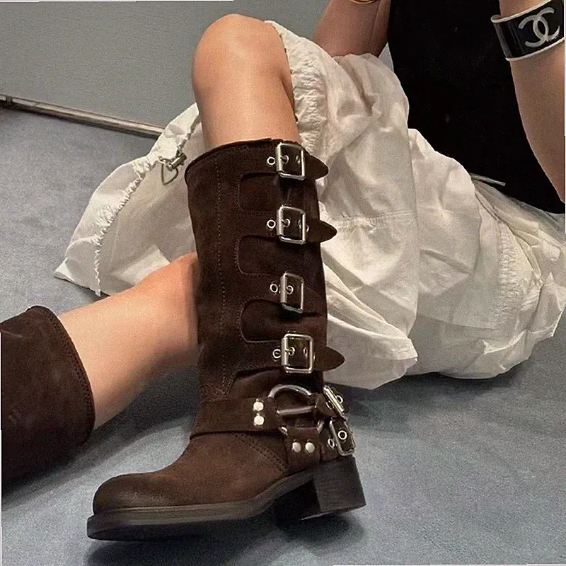 Leather Knee High Knight Boots Women Western Retro Punk Brown Motorcycle Boots