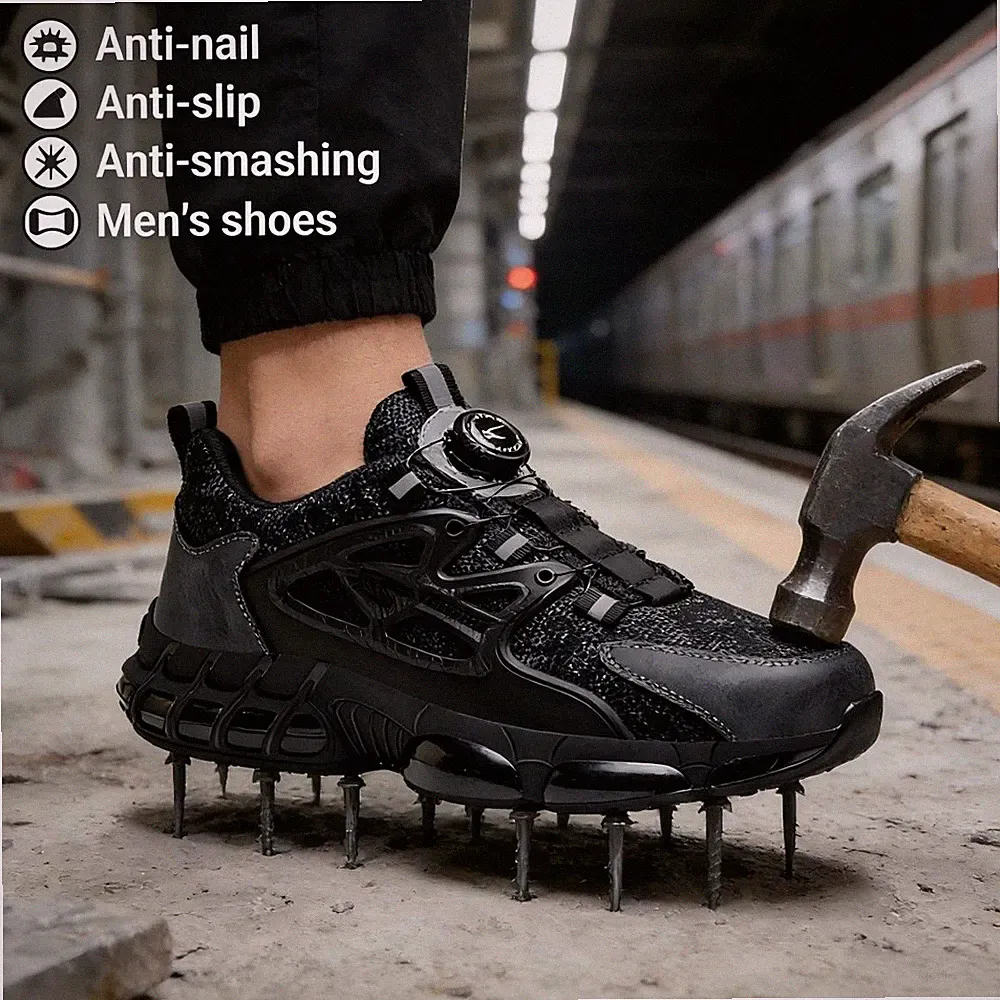 Lightweight Breathable Steel Toe Work Boots, Men Rotating Buckle Safety Shoes