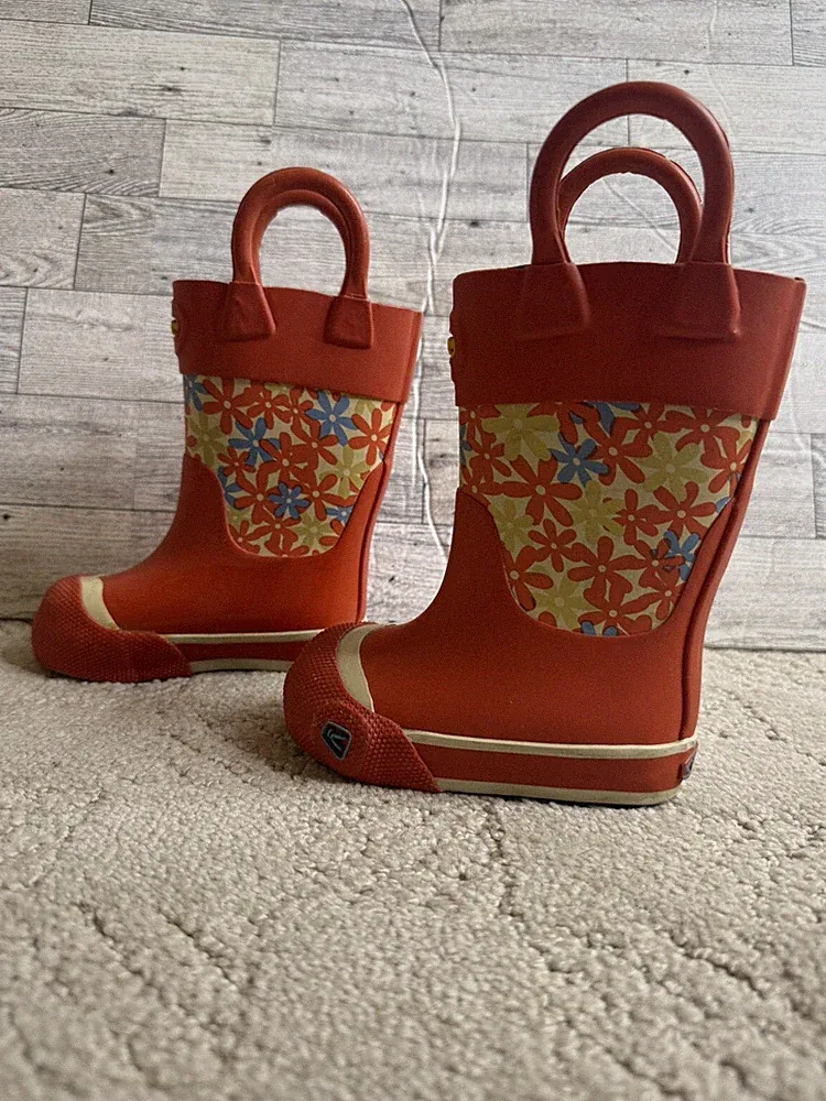 Little Kid's Orange Floral Keen Waterproof Microfleece Lined Rain Boots, Size 4
