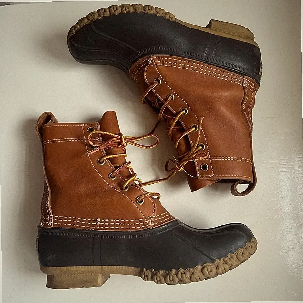 LL Bean Bean Boots Unlined Brown Leather Gum Rain Duck Boots 8” Size 6 Outdoor