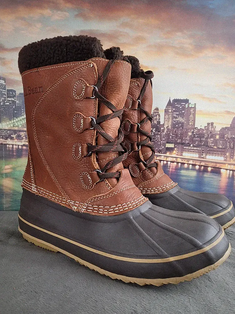 LL BEAN Brown Tumbled Leather Pac Winter Snow Boots Felt Liner Womens Size 9