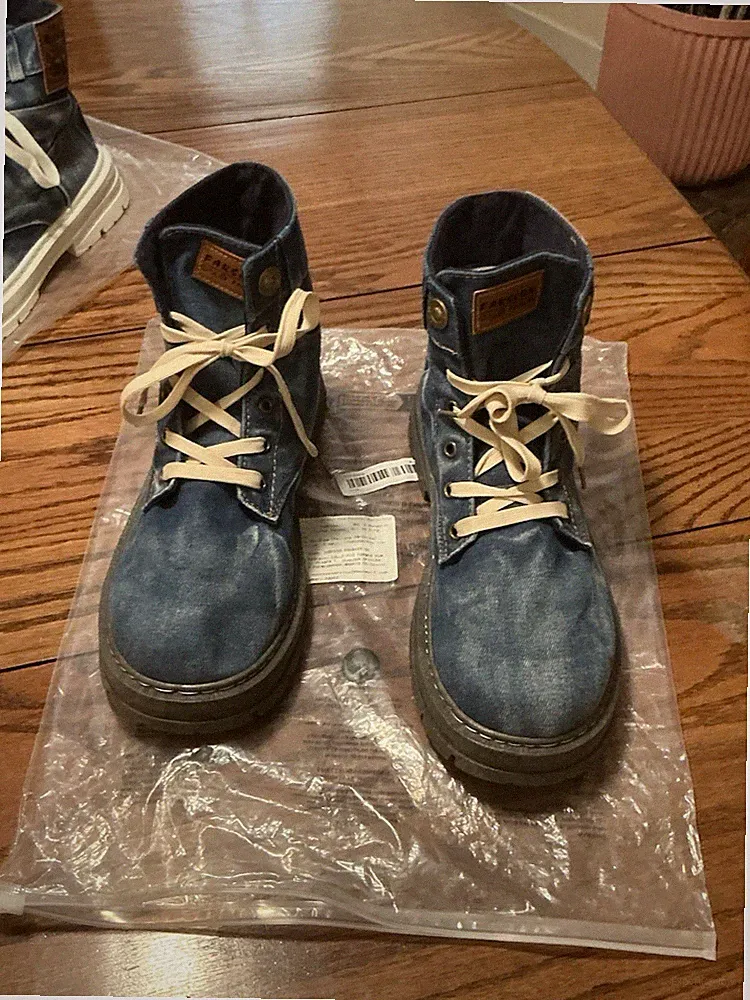 LOEIKAN Denim Lace Up Blue Men's Ankle Combat Boots Round Toe