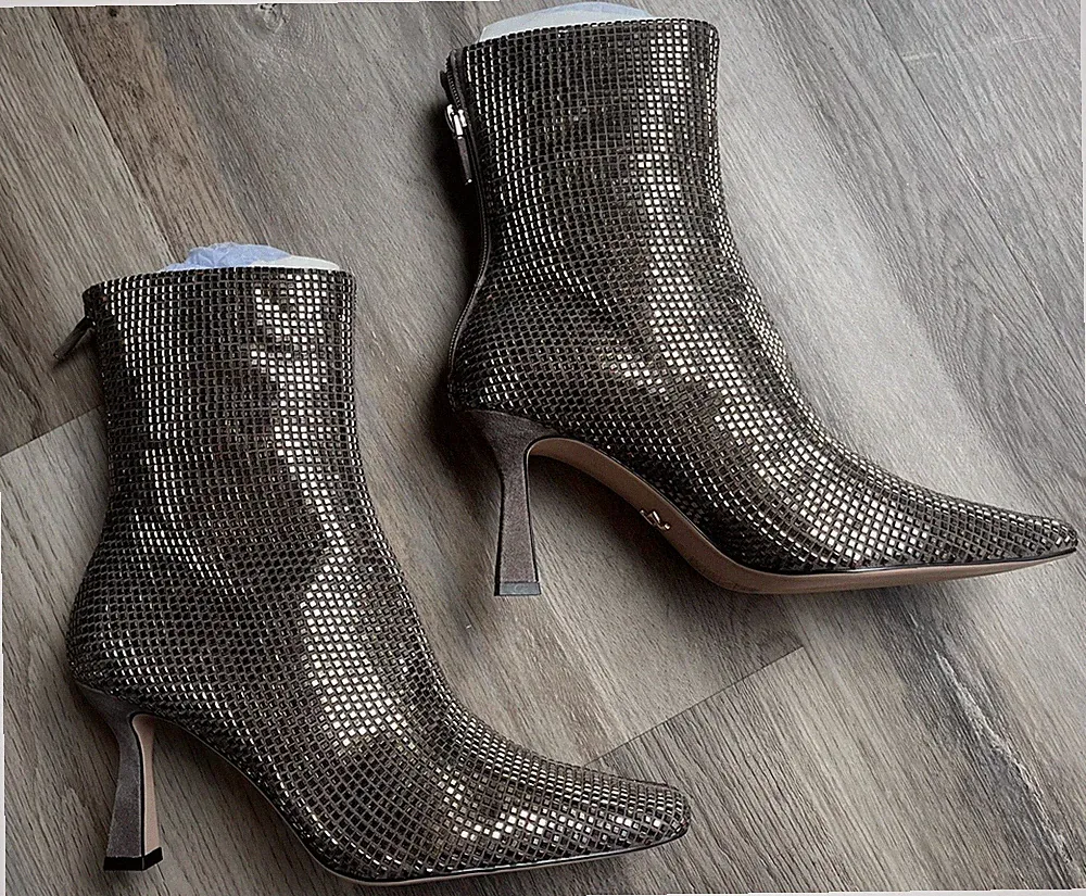 Lola Cruz Plomo Gun Metal Ankle Boots Rhinestone Crystal Leather Suede NIB Sz 40