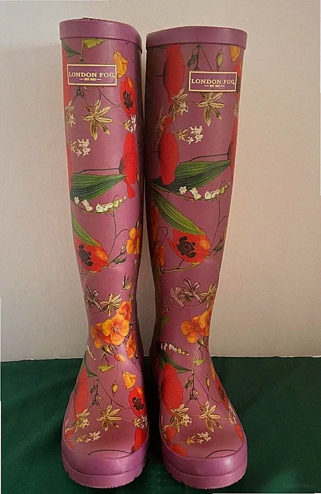 London Fog Wellington Rubber Rain Boots Size 6 Pink Floral Pattern 16" Tall EUC