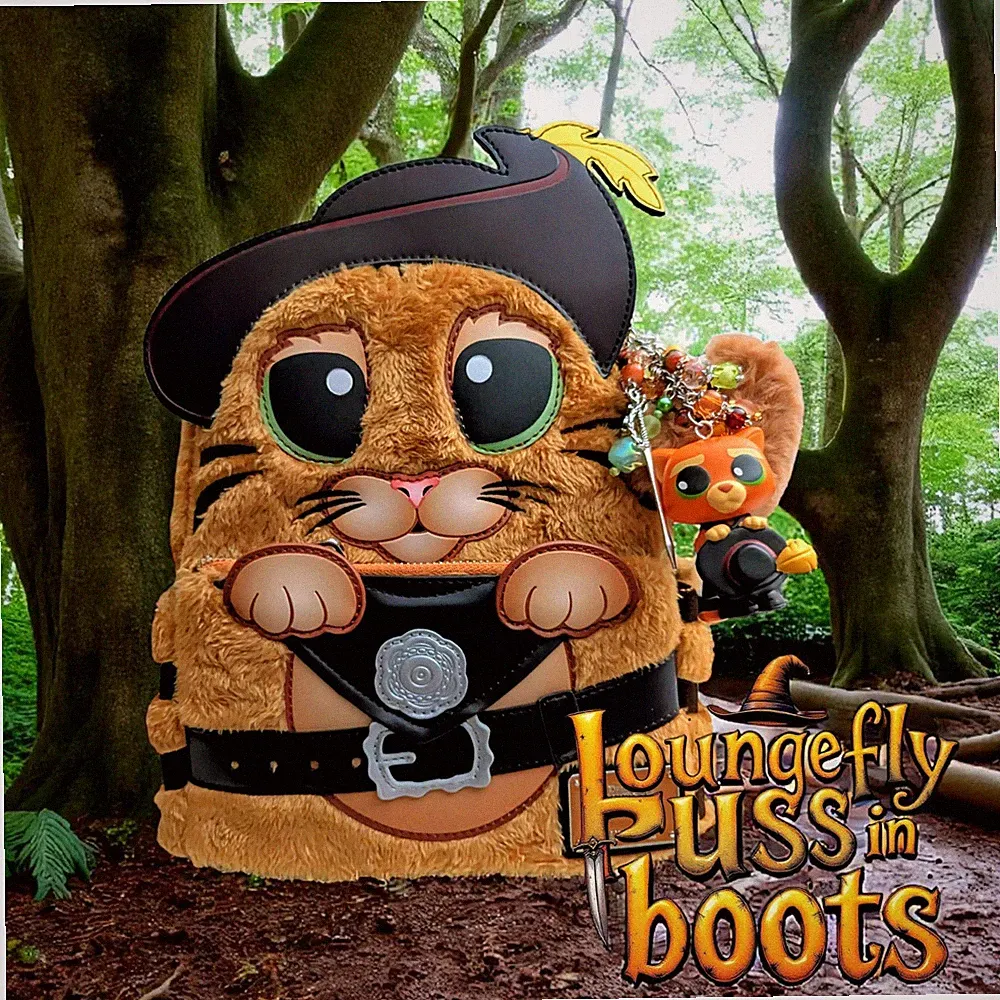 Loungefly Shrek Puss In Boots Plush Cosplay Mini Backpack, Charm And Pin
