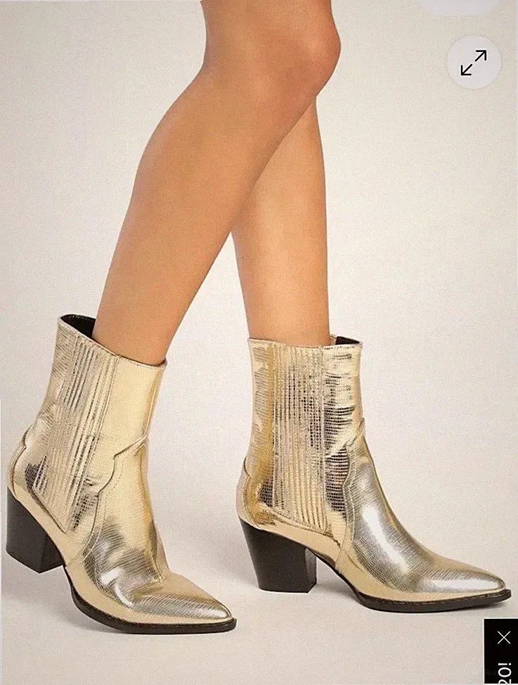 Lulus Vaylyn Gold Pointed-Toe Mid-Calf cowboy boots western shiny metallic 10