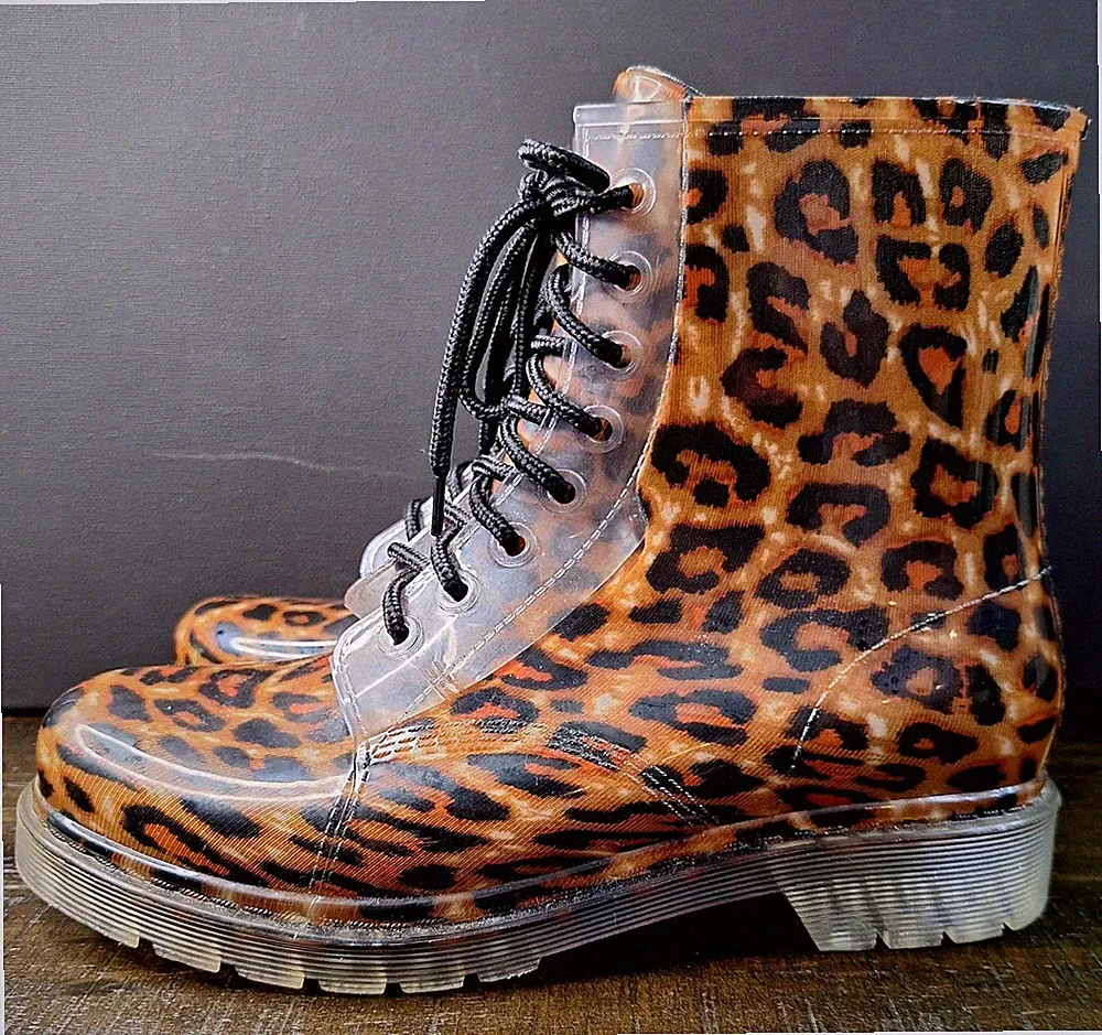 Madden Girl Portland Lace Up Rubber Rain Combat Boots Leopard Women's Size 7