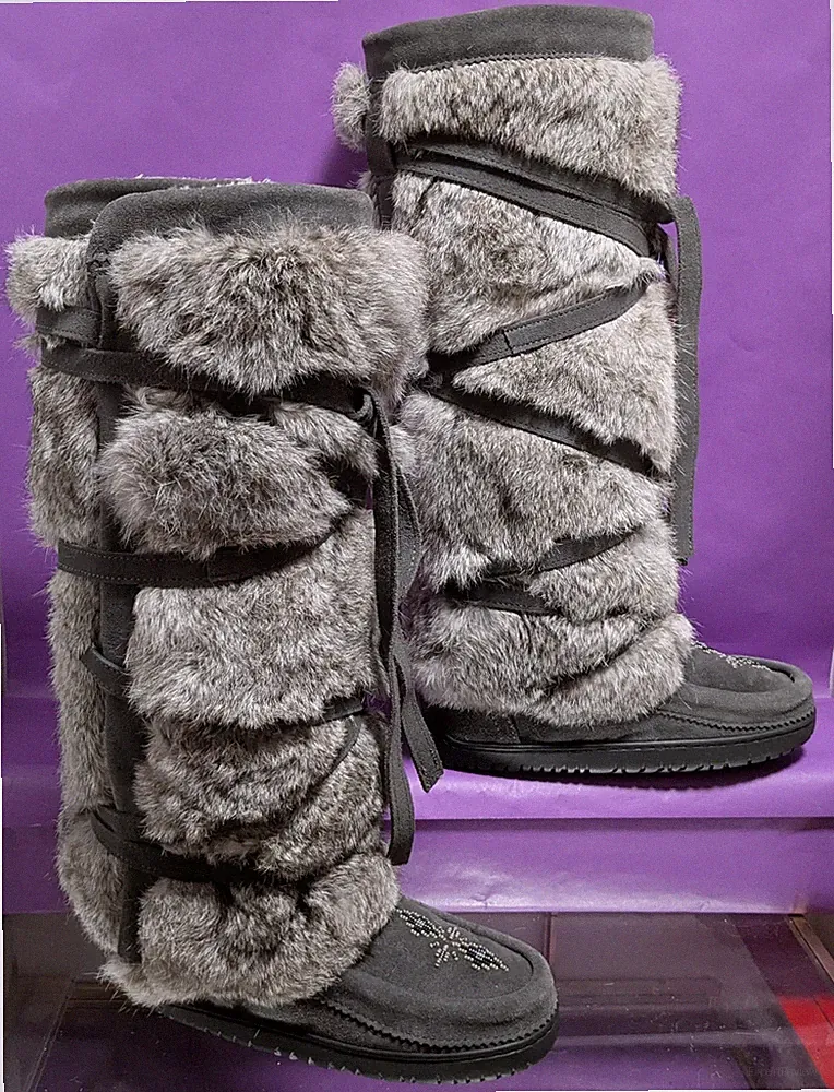 Manitobah Tall Wrap Mukluks Tall Rabbit Fur Suede Boots Women's Size 7 Gray