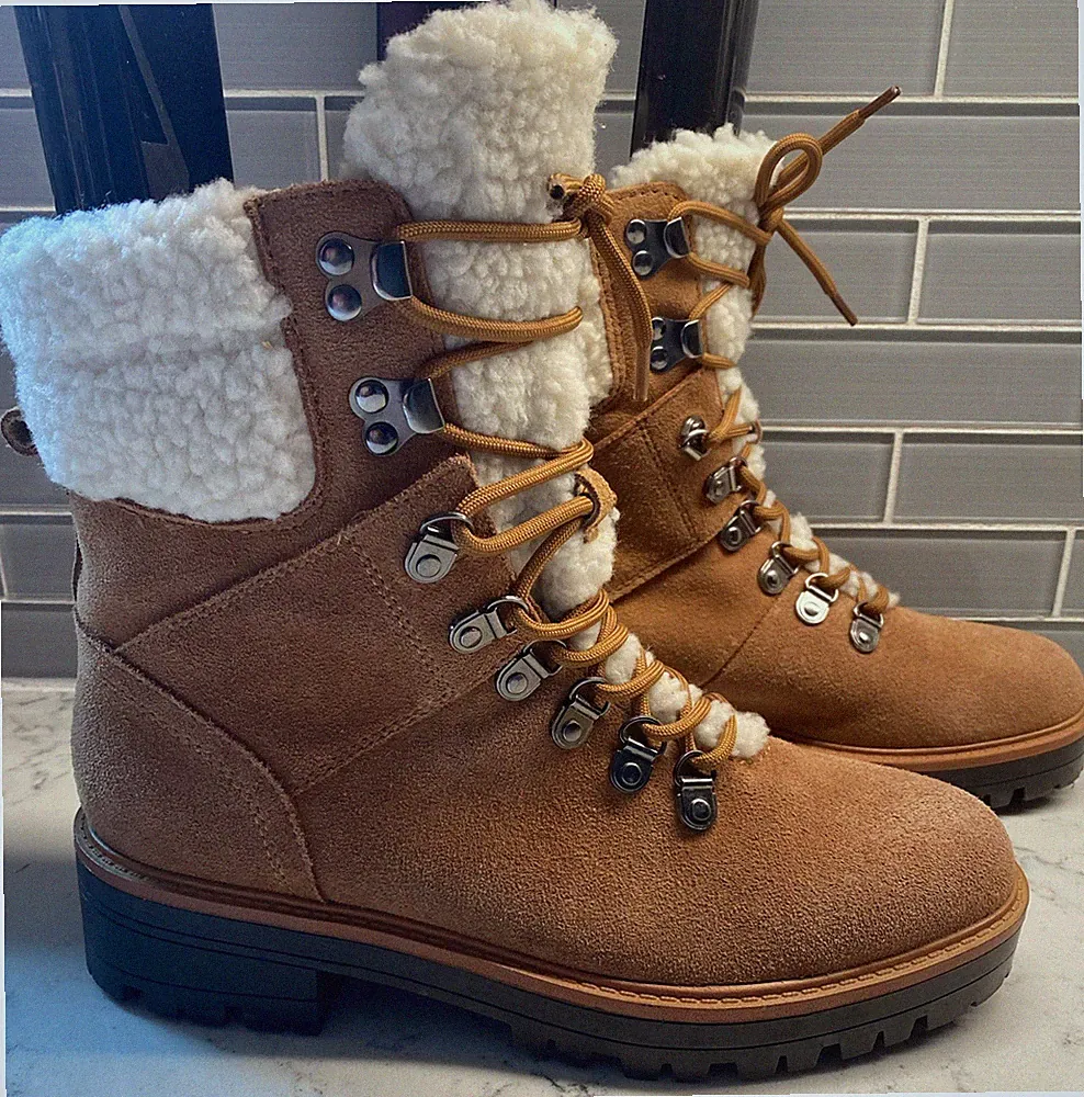 Marc Fisher Leather Work Boots Women's Size 7.5M Faux Fur Lace Up Brown