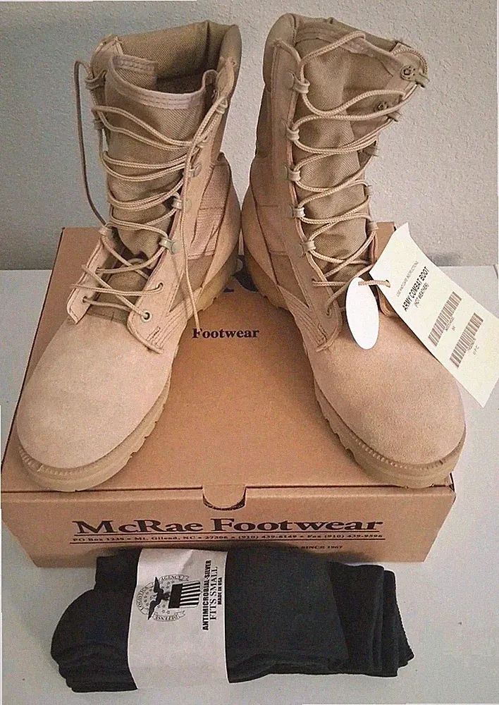 McRae Army Combat Boots Hot Weather 8R Tan USGI New w/ 3 Pair Socks Bundle
