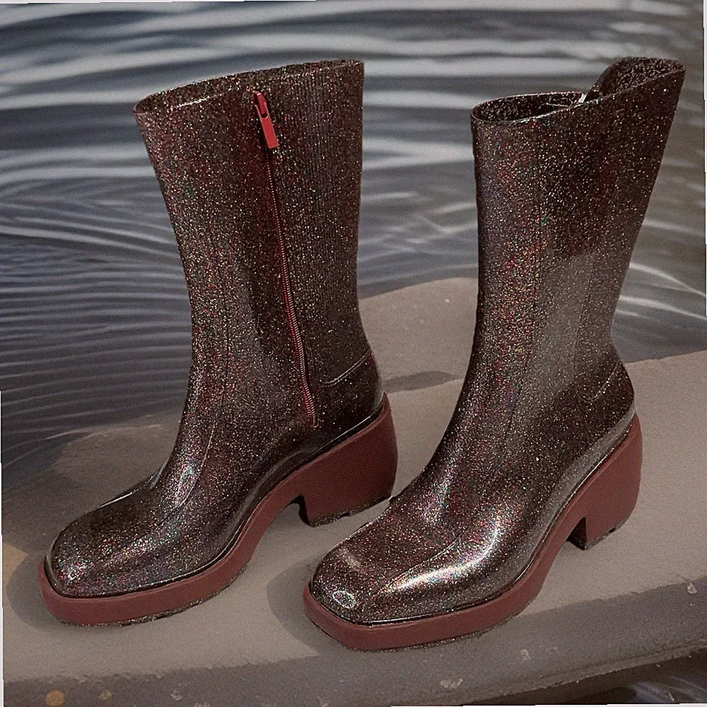 MELISSA “Nancy” Vegan Rain boots Glossy Glitter Moody Pink Zip Chunky Platform 9