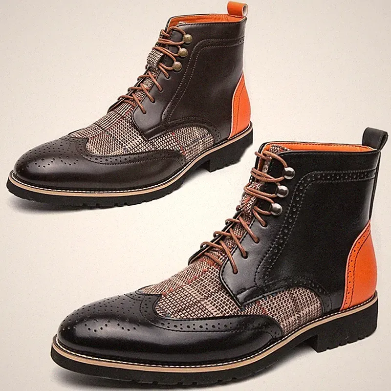 Men Carved Wingtip Pointed Toe High Top Ankle Boots Lace Up Plaids Chelsea Boots