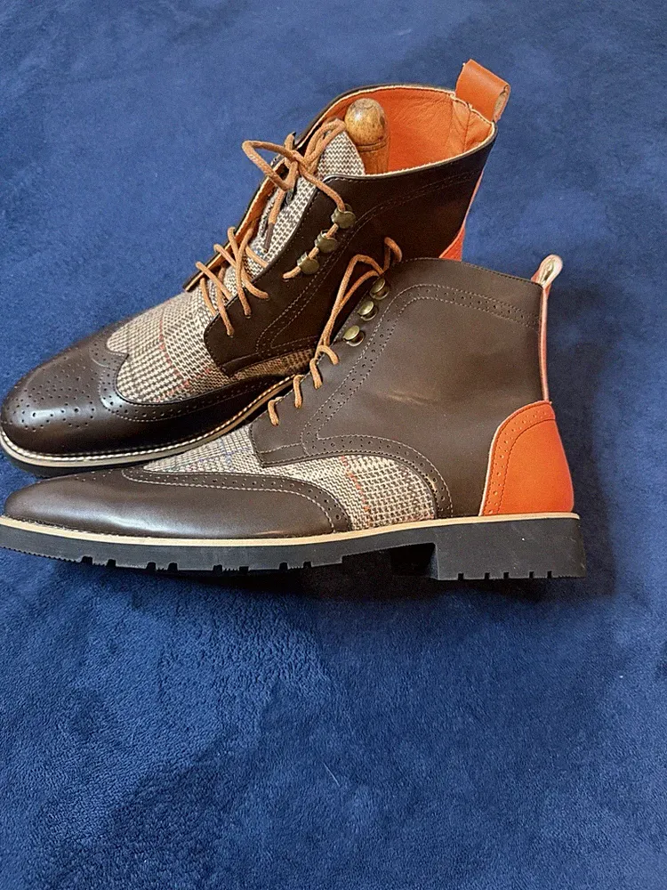 Men Carved Wingtip Pointed Toe High Top Ankle Boots Sz 44 Lace Up Chelsea Boots