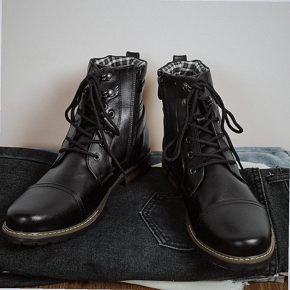 Men Flexible Motorcycle Combat Riding Ankle Leather Boots Size Black 6.5-15