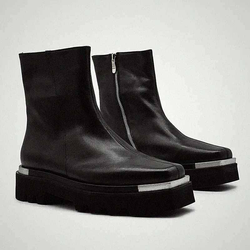 Men Genuine Leather Ankle Boots Thick Heel Platform Slip on Motorcycle Shoes