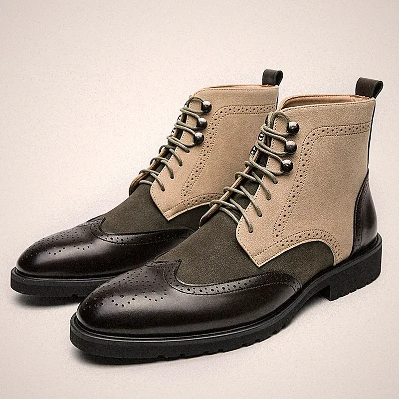 Men High Top Pointed Toe Chelsea Boots Lace Up Wingtip Brogue Shoes