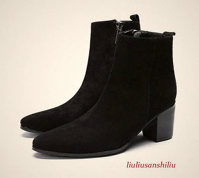 Men Leather Formal Suede Side Zip Chunky High Heel Dress Shoes Chelsea Boot